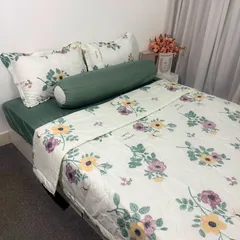 Bộ Chăn Ga Cotton Microfiber Cao Cấp 5 Món - Êm Ái, Thoáng Khí, Bọc Nệm Cao 20cm, Thiết Kế Sang Trọng, An Toàn Cho Gia Đình