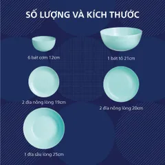 [Hàng Pháp] Bộ bát đĩa tô thủy tinh Luminarc Diwali xanh ngọc 12 chi tiết DW 12D, dùng lò vi sóng