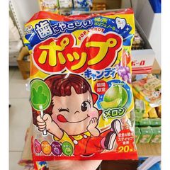 Kẹo mút Fujiya trái cây 20 cái 128g - Que kẹo giấy an toàn cho trẻ, vị cam, dâu, nho, dưa lưới, bổ sung polyphenol chống oxi hóa