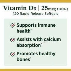 Viên uống Vitamin D3 Nature's Bounty 25mcg 120 viên - Bổ sung vitamin, hỗ trợ sức khỏe xương và miễn dịch hàng ngày