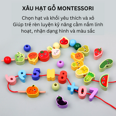 Bộ Xâu Hạt Gỗ Montessori Toti - Đồ Chơi Rèn Kỹ Năng Vận Động Tinh cho Bé 3-6 Tuổi, 163 Chi Tiết Chủ Đề Động Vật, Chữ Cái, Chữ Số