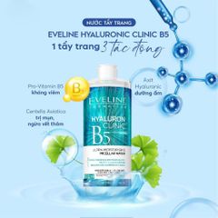 Nước Tẩy Trang Eveline Hyaluronic Clinic B5 500ML - Chiết Xuất Rau Má, Dưỡng Ẩm Và Làm Sạch Da Sâu, Phù Hợp Với Mọi Loại Da
