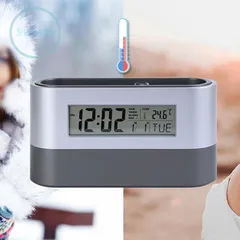 Đồng hồ đa năng tích hợp khay đựng bút và đo nhiệt độ - Đồng hồ báo thức kỹ thuật số cho văn phòng tiện lợi