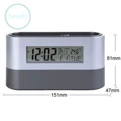Đồng hồ đa năng tích hợp khay đựng bút và đo nhiệt độ - Đồng hồ báo thức kỹ thuật số cho văn phòng tiện lợi