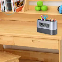 Đồng hồ đa năng tích hợp khay đựng bút và đo nhiệt độ - Đồng hồ báo thức kỹ thuật số cho văn phòng tiện lợi