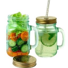 Bình detox thủy tinh có quai, nắp có lỗ cắm ống hút (loại 2 nắp)