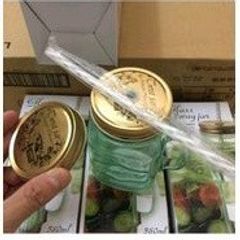 Bình detox thủy tinh có quai, nắp có lỗ cắm ống hút (loại 2 nắp)
