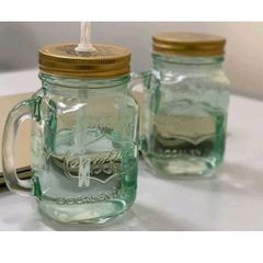 Bình detox thủy tinh có quai, nắp có lỗ cắm ống hút (loại 2 nắp)