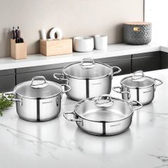 Nồi inox 18/10 Korkmaz Perla 1L 1.8L 2.3L - Nắp kính trong suốt, đáy 3 lớp, sản xuất tại Thổ Nhĩ Kỳ, bền bỉ, an toàn cho sức khỏe