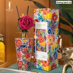 Chai Tinh Dầu Khuếch Mùi Hương Hoa Magrace Paris - Bình Sứ Đẹp, 500ml, Hương Bạch Trà và Hoa Hồng, Kèm 3 Thanh Khuếch Mùi