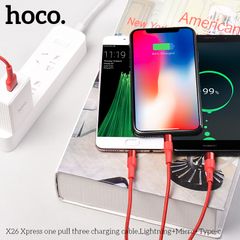 Cáp sạc Hoco X26 3in1 1M - Đầu Lightning, Micro USB, Type-C - Dây sạc đa năng cho iPhone, Samsung, Oppo, Xiaomi