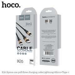 Cáp sạc Hoco X26 3in1 1M - Đầu Lightning, Micro USB, Type-C - Dây sạc đa năng cho iPhone, Samsung, Oppo, Xiaomi