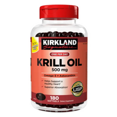 Omega Dầu nhuyễn thể Kirkland Signature Krill Oil 500mg - Thực phẩm chức năng bổ sung Omega-3, 180 viên hỗ trợ sức khỏe tim mạch và trí nhớ.