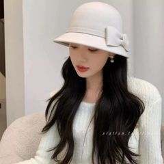 Mũ Bucket Dạ Ép Đính Nơ To - Mũ Thời Trang Nữ Thanh Lịch Cho Mùa Thu Đông, Giúp Gương Mặt Thon Gọn
