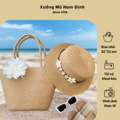 Set Túi Cói Đeo Vai & Nón Cói Phối Màu Nơ Xinh - Phụ Kiện Thời Trang Nữ Đi Chơi, Du Lịch, Đi Làm