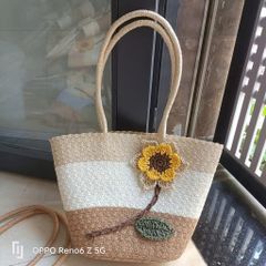 Túi Cói Nữ Vintage 3D Hoa Hướng Dương - Túi Đi Biển, Du Lịch Với Khóa Kéo Chắc Chắn, Dễ Dàng Phối Đồ