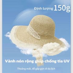 Mũ Cói Đi Biển Phong Cách Hàn Quốc - Nón Cói Chống Nắng UV, Dễ Gấp Gọn Và Hoạ Tiết Dây Ren Thời Trang Cho Nữ