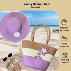 Set Túi Cói Màu Tím - Túi Xách Đeo Vai Chất Liệu Cói, Kèm Nón Có Khoá Kéo, Phong Cách Thời Trang, Phù Hợp Đi Làm Và Picnic