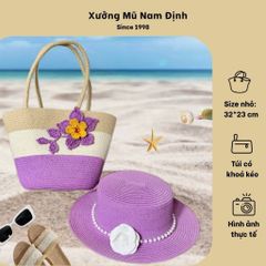 Set Túi Cói Màu Tím - Túi Xách Đeo Vai Chất Liệu Cói, Kèm Nón Có Khoá Kéo, Phong Cách Thời Trang, Phù Hợp Đi Làm Và Picnic