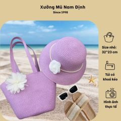 Set Túi Cói Màu Tím - Túi Xách Đeo Vai Chất Liệu Cói, Kèm Nón Có Khoá Kéo, Phong Cách Thời Trang, Phù Hợp Đi Làm Và Picnic