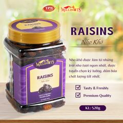 Nho Khô Millinuts 520g - Mềm Dẻo Tự Nhiên, Ngọt Thanh, Ăn Vặt Lành Mạnh, Không Thêm Đường, Món Ăn Giàu Dinh Dưỡng