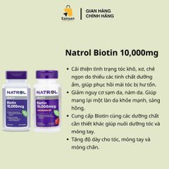 Viên uống Natrol Biotin 10,000mcg Mỹ - Hỗ trợ mọc tóc, Thực phẩm chức năng làm đẹp, 100 viên nang tiện dụng
