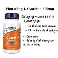 Viên uống L-Cysteine Now 500mg - Giảm mụn, dưỡng da, tóc và móng chắc khỏe - Hỗ trợ làm đẹp từ bên trong, 100 viên