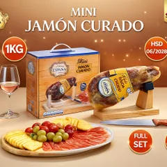 Đùi heo muối Espana Mini Jamon Curado Tây Ban Nha 1kg - Hương vị đặc trưng, set hoàn hảo gồm giá đỡ và dao cắt cho tiệc tùng.