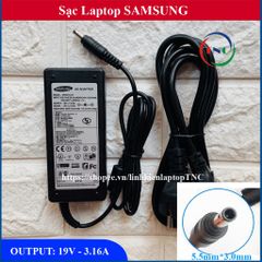 Sạc Laptop Samsung 19V 3.16A - Đầu cắm 5.5mm x 3.0mm kèm dây nguồn - Bảo hành 12 tháng, chất lượng cao, tương thích với nhiều mẫu laptop