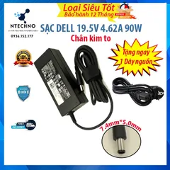🔝 Sạc Laptop Dell 19.5V - 4.62A 90W [Zin] Chân to/Chân nhỏ Tặng kèm dây nguồn Bảo hành 12 Tháng (Sạc Zin/TC)