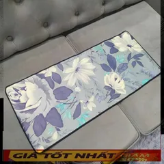 Miếng Lót Chuột Lớn 70x30cm Hoa Trắng Xanh Xám - Chống Nước, Đế Cao Su Bám Mặt Bàn, Dày 3mm, Phù Hợp Game Thủ