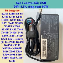 Sạc Laptop Lenovo 20V - 4.5A 90W Chân Vuông USB Chính Hãng, Tương Thích Với T440 E531 X240 X230 G500 T540 G400 G500 - Bảo Hành 24 Tháng
