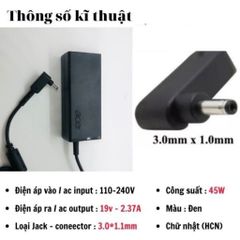 Sạc Laptop Acer 2,37A 65W Chân Nhỏ 3.0*1.1mm - Phụ Kiện Chính Hãng Bảo Hành 12 Tháng, Chất Lượng Cao