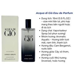 Nước Hoa Nam Aqua Di Giò Eau De Parfum 15ml - Hương Biển Tươi Mát, Lịch Lãm & Nam Tính, Phù Hợp Với Mọi Dịp