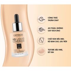 Kem Nền Catrice HD Liquid Coverage 24h SPF25 30ml - Che Phủ Tốt, Lâu Trôi, Mỏng Nhẹ, Phù Hợp Mọi Loại Da