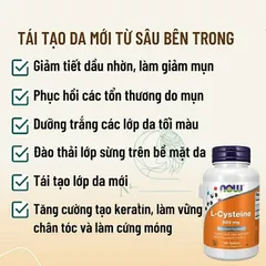 [Date 6/2027] Viên uống giảm mụn, dưỡng da, móng, tóc L-cysteine Now 500mg 389258