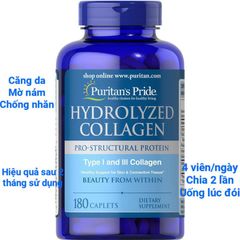 Viên Uống Collagen Thủy Phân Puritan's Pride 1000mg - 180 Viên Đẹp Da, Mờ Nám, Chống Lão Hóa, Tăng Cường Sức Khỏe Tóc, Móng