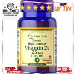 Viên uống Vitamin D3 Puritan's Pride 25_50_125mcg - Hỗ trợ hấp thụ canxi và sức khỏe xương, 100 viên/hộp Mỹ