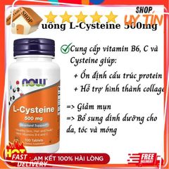 Viên Uống L-Cysteine Now 500mg Giảm Mụn, Dưỡng Da, Tóc, Móng - Hỗ Trợ Làm Đẹp từ Mỹ, 100 Viên