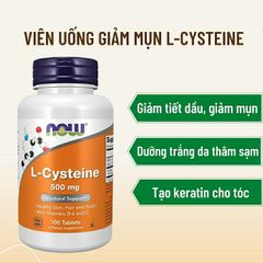 Viên Uống L-Cysteine Now 500mg Giảm Mụn, Dưỡng Da, Tóc, Móng - Hỗ Trợ Làm Đẹp từ Mỹ, 100 Viên