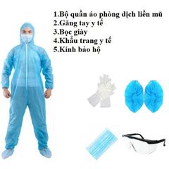 Bộ Đồ Bảo Hộ Phòng Dịch 7 Món - Áo Quần, Mũ, Kính, Găng Tay, Khẩu Trang Y Tế 4 Lớp Màu Xanh - Bảo Vệ An Toàn cho Mọi Hoạt Động