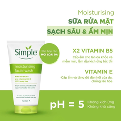 Sữa Rửa Mặt Simple 150ml - Làm Sạch Dịu Nhẹ, Cấp Ẩm, Không Cồn & Hương Liệu - Phù Hợp Da Nhạy Cảm, Dưỡng Ẩm, Sáng Khỏe