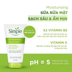 Sữa Rửa Mặt Simple 150ml - Làm Sạch Dịu Nhẹ, Cấp Ẩm Cho Da Nhạy Cảm, Không Cồn, Không Hương Liệu, Vitamin B5 & E