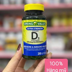 Viên uống Vitamin D3 5000 IU Spring Valley – 250 viên tăng đề kháng, hỗ trợ xương chắc khỏe, hấp thụ canxi tối ưu