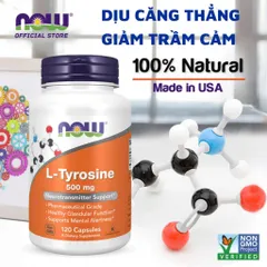 Viên uống L-Tyrosine Now 500mg - Hỗ trợ giảm căng thẳng, cải thiện trầm cảm, tăng cường trí nhớ - 120 viên từ Mỹ