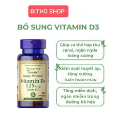 Viên Uống Bổ Sung Vitamin D3 25mg - 50mg Hỗ Trợ Miễn Dịch và Hấp Thu Canxi - Lọ 100 Viên Puritan's Pride
