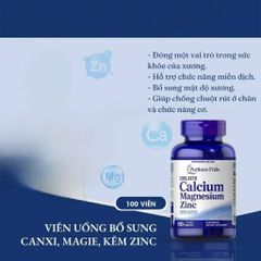 Viên uống Canxi Magie Kẽm Puritan's Pride - Tăng sức đề kháng, hỗ trợ chiều cao và sức khỏe xương, 1000mg Canxi, 400mg Magie, 25mg Kẽm