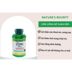 Viên uống bổ sung kẽm Nature’s Bounty 50 mg - Tăng cường miễn dịch và giảm mụn, thân thiện với người ăn chay