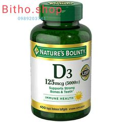 Viên Vitamin D3 5000IU Nature's Bounty 125mcg - Hỗ trợ hấp thu canxi và cải thiện sức khỏe tổng thể, 400 viên