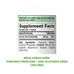 Viên uống kẽm giảm mụn, tăng sức đề kháng Zinc Gluconate 50mg Puritan's Pride